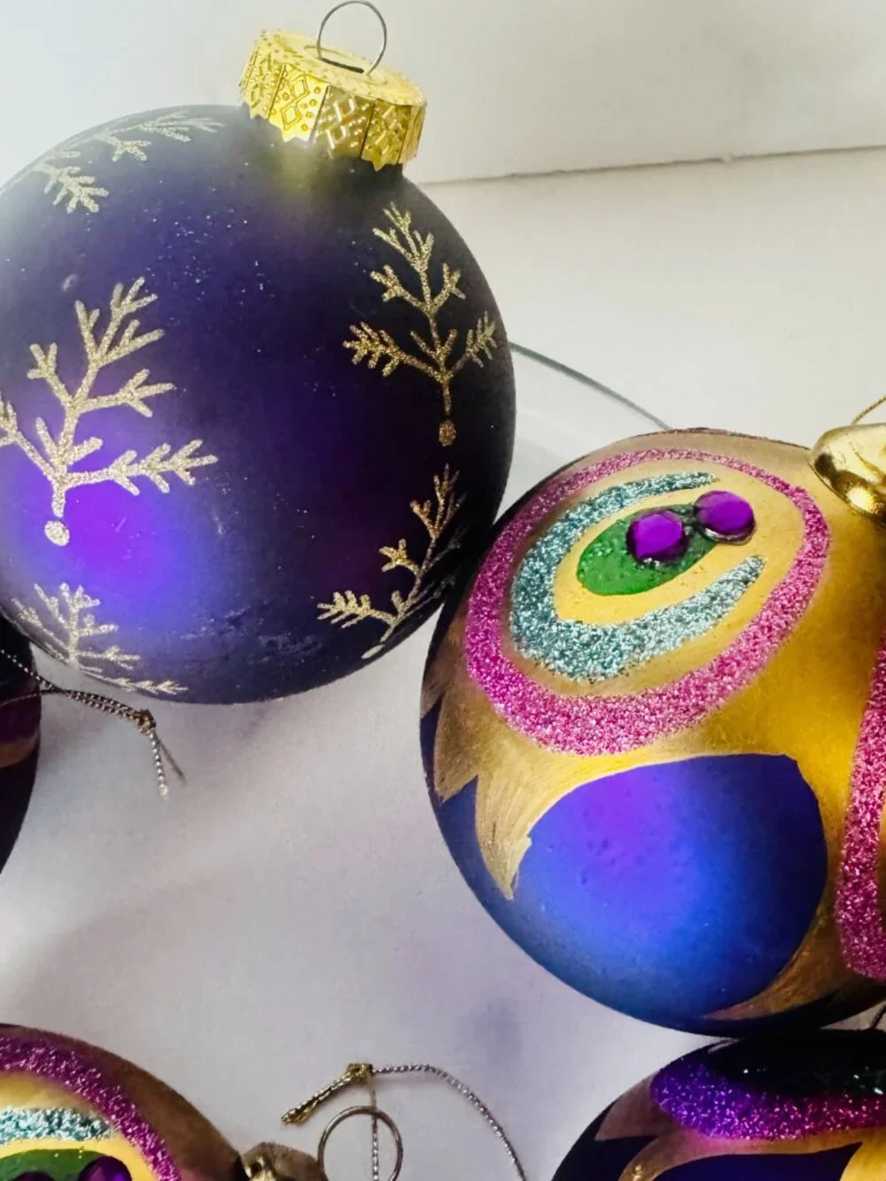 5 Peacock Feather Christmas Tree Ornaments Purple Teal Gold Glittered Gemstone